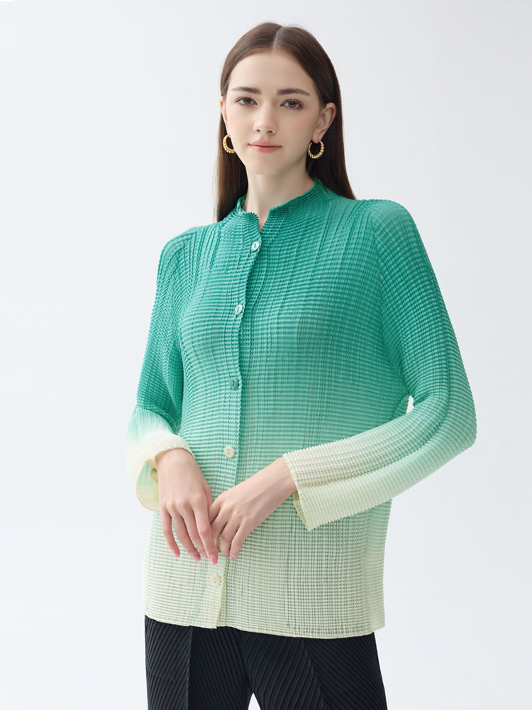 2026 Spring Gradient Pleated Chiffon Shirt Versatile Casual Small Open Collar Sweet Slimming Long Sleeve Printed Top for Women