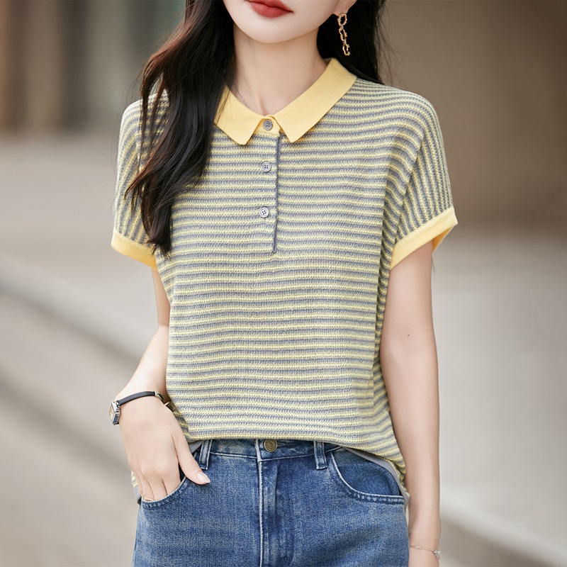 French-Style Color-Block Striped Polo Collar Short-Sleeve T-Shirt for Women, Summer Knit Turn-Down Collar Thin Versatile Women's Top Blouse