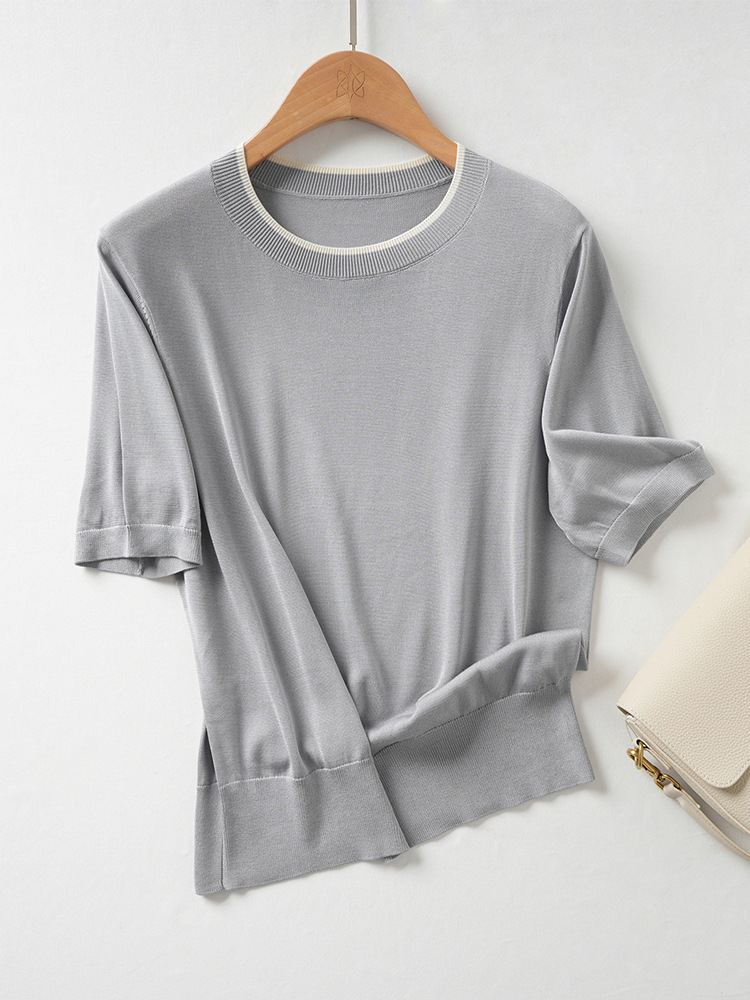 Tencel Lyocell Pullover Sweater Women's Summer Thin Contrast Color Threaded Round Neck Short Sleeve French Retro Top