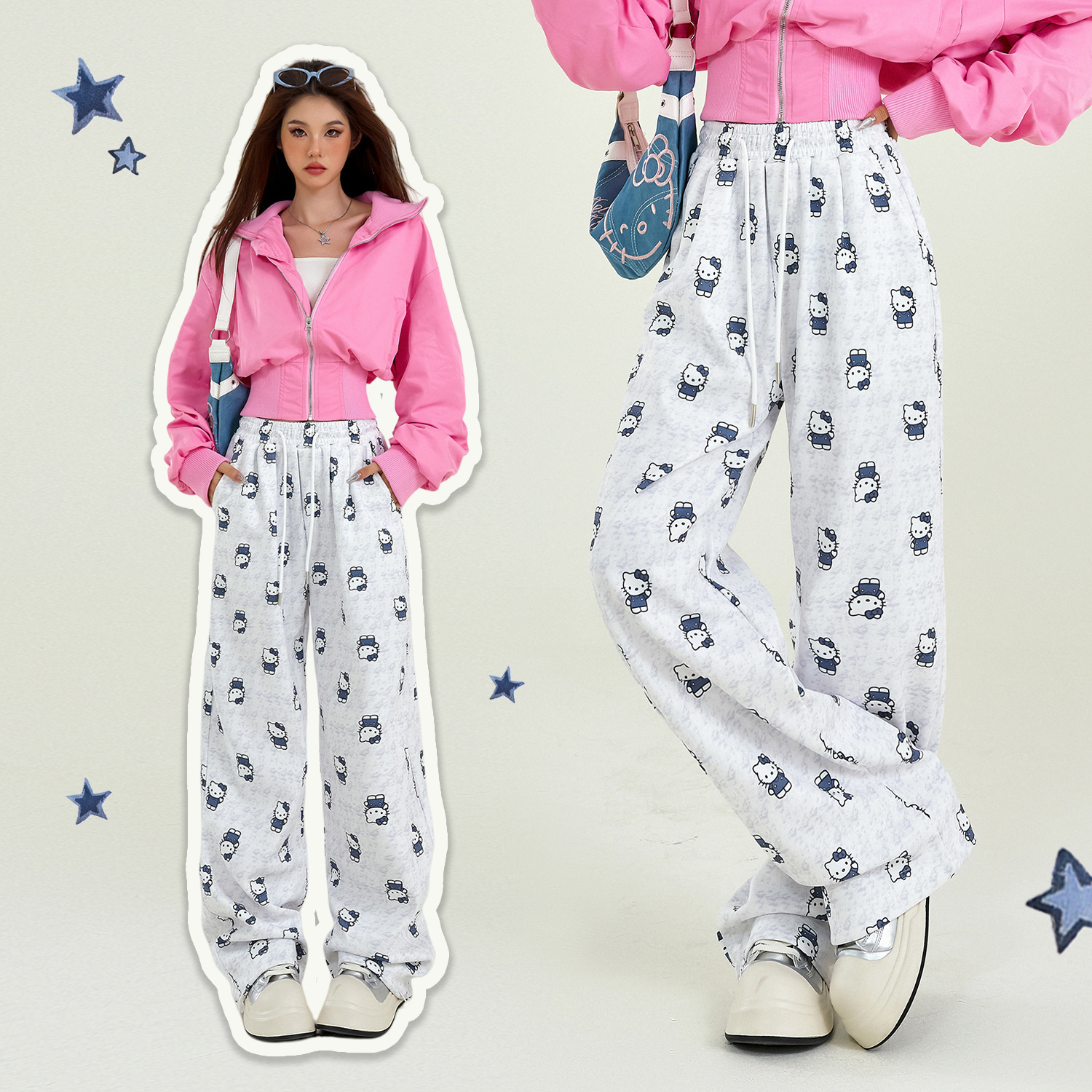Mali Mary & Autumn 2024 Cat Printed Casual Pants Women's Loose Dosing Straight Pants