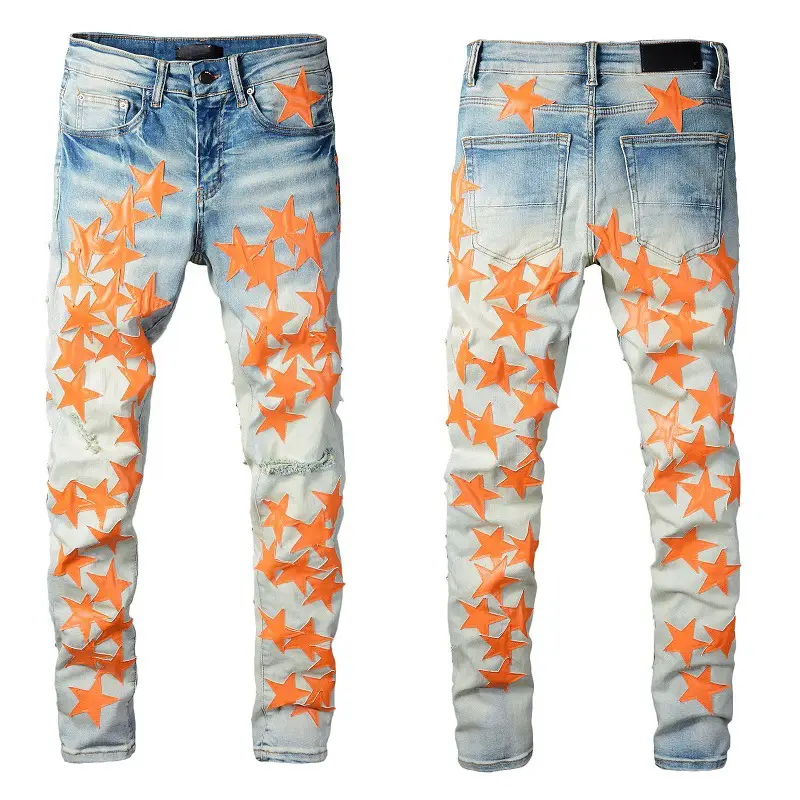 824Amiri High Street Leather Star Trendyy Jeans for Young Men High Craft Elastic Slim High Street Jeans