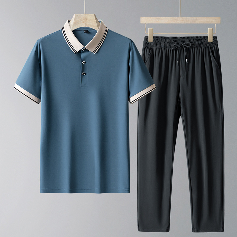 Diyu Shenlong Ice Silk Polo Shirt Men's Summer New Style Casual Suit for Middle-Aged and Elderly Dad's Cool Short-Sleeve Long Pants Set