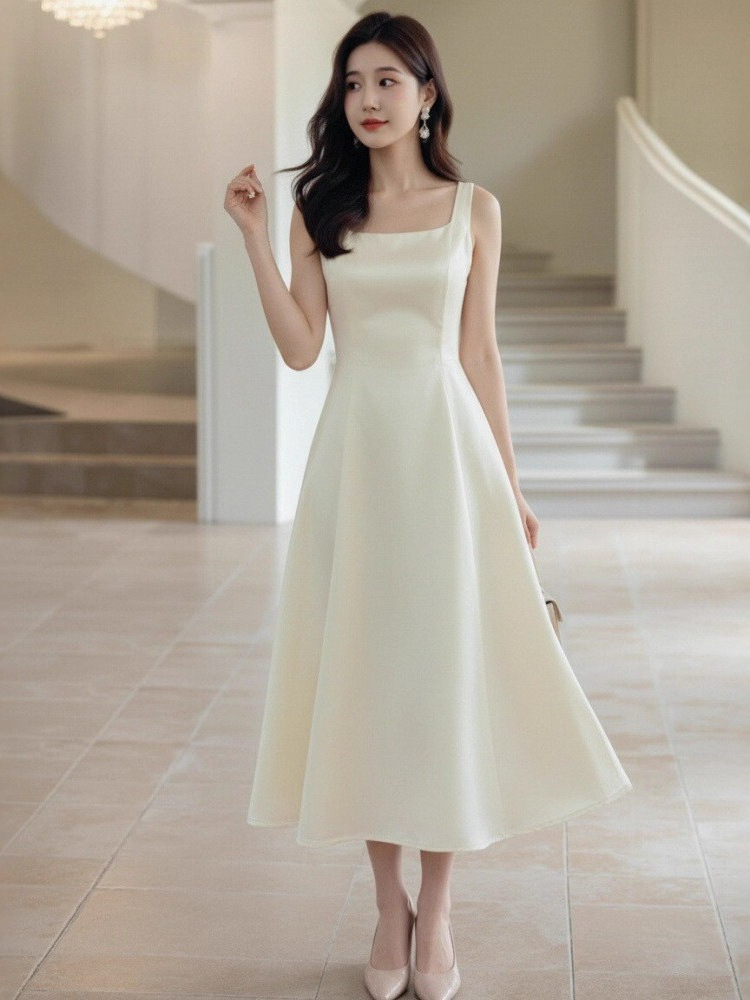 French High-End Elegant Satin Champagne Color Suspender Skirt for Women Summer Birthday Party Wedding Certificate Dress Skirt for Women