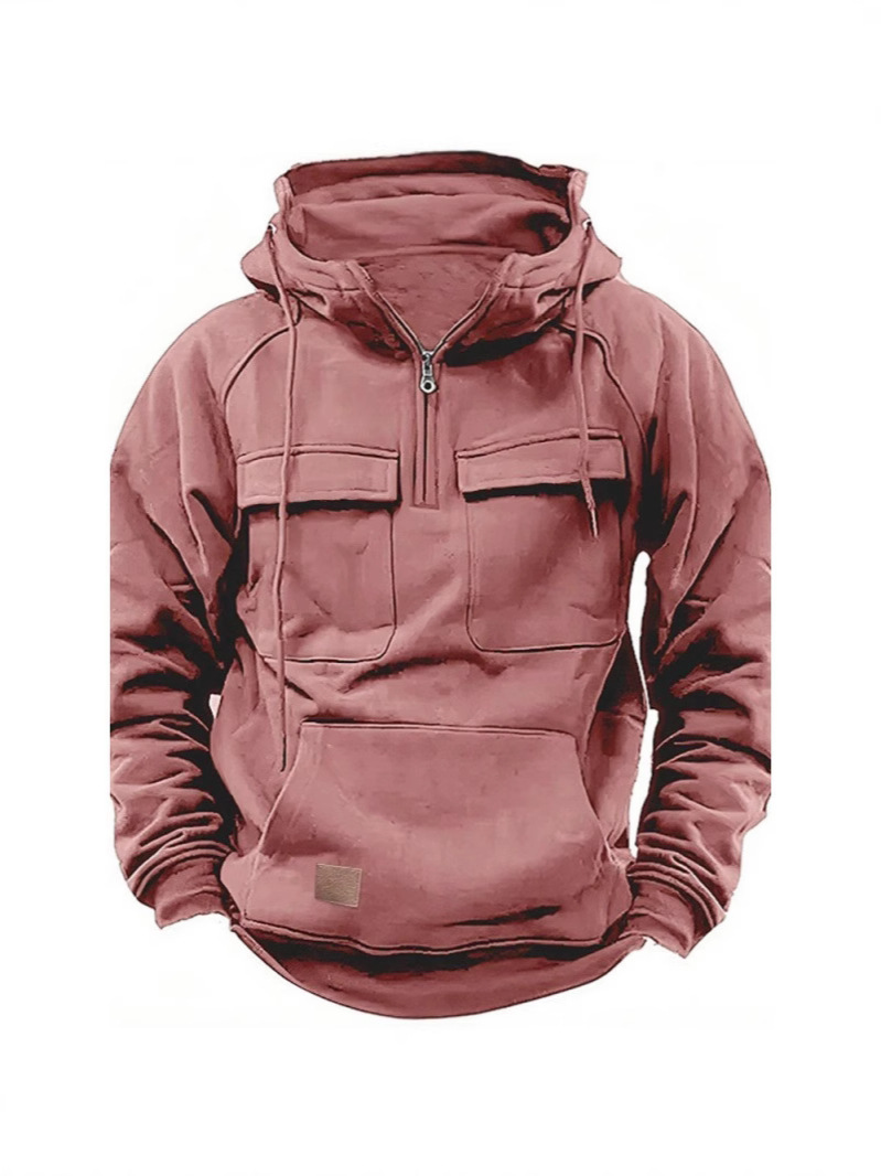 Cross-Border Amazon Spring and Autumn New Men's Hooded Solid Color Sweatshirt Youth Sports Multi-Pocket Leather Sweatshirt Jacket