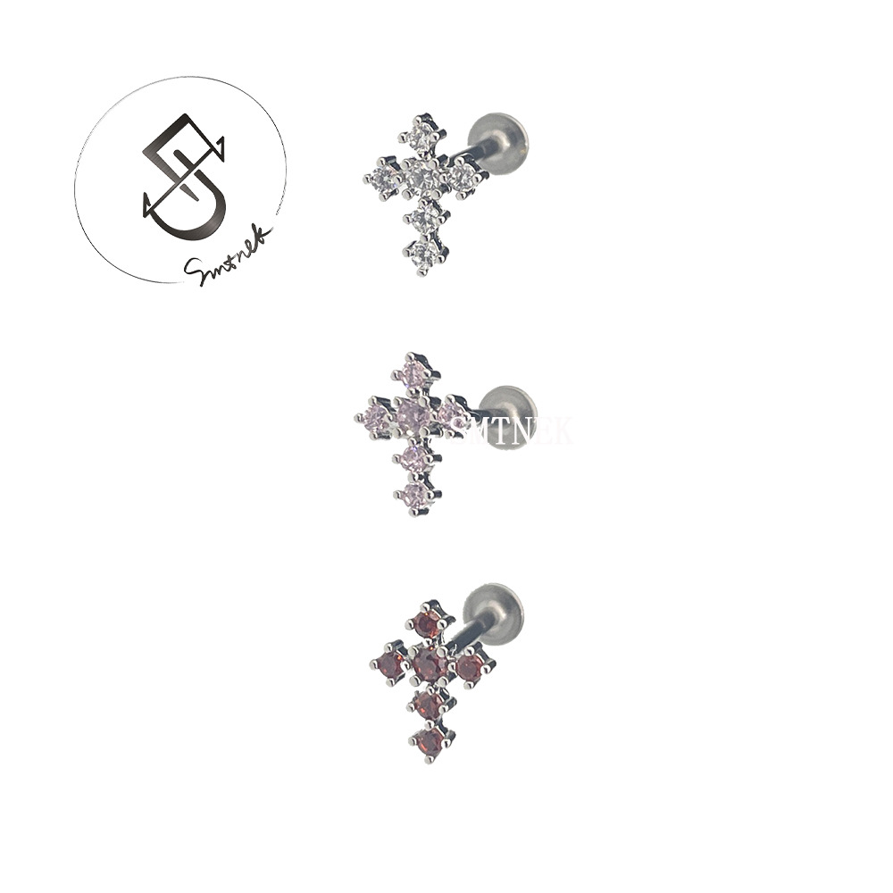 SMTNEK copper plated zircon cross lip stud earrings stainless steel piercing jewelry