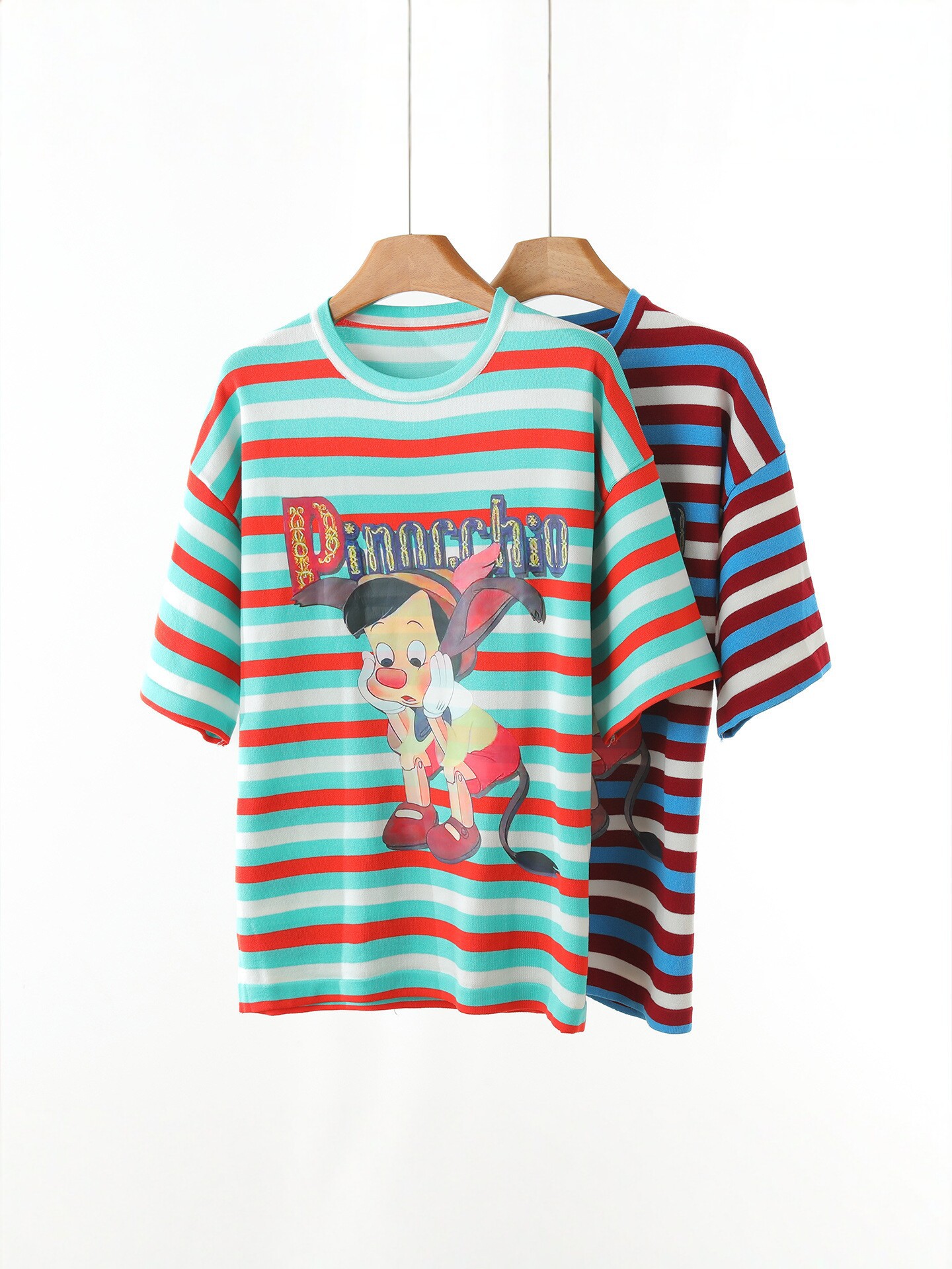 Striped Pinocchio Print Knitted Short-Sleeved T-Shirt for Women, Summer Loose and Versatile Round Neck Top, Retro Cartoon Style