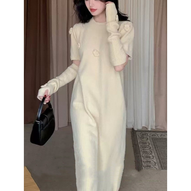 French Style Sweet Round Neck Knitted Dress for Women Autumn and Winter New Style Spliced ​​Sleeves Gentle Style Sweater Long Skirt