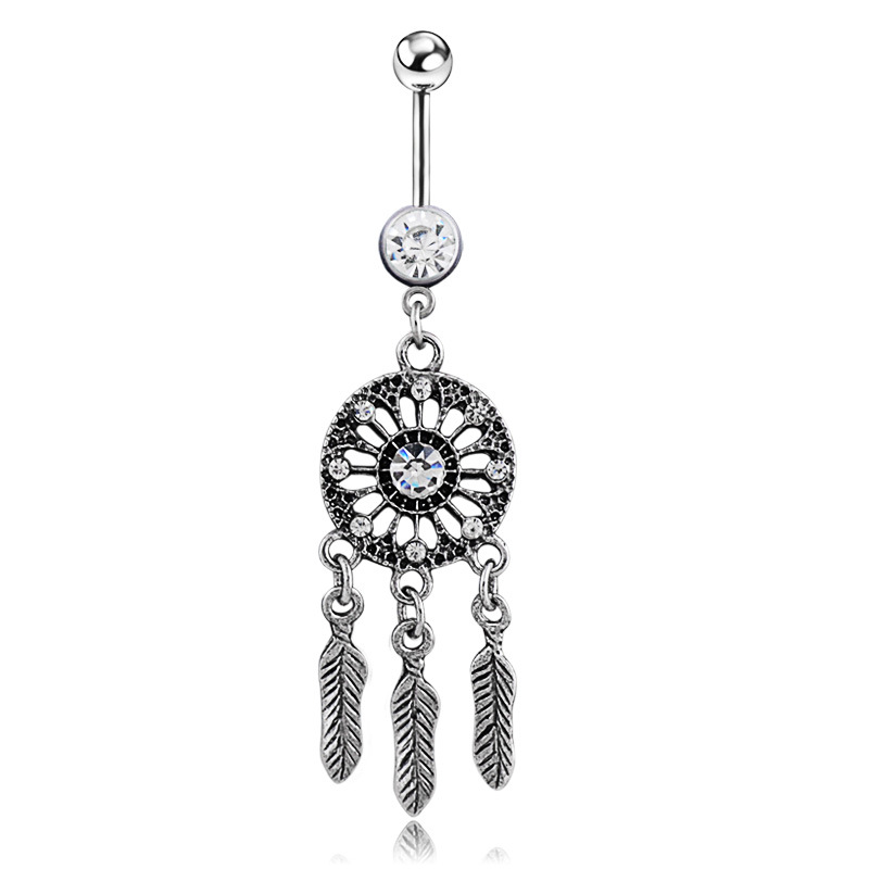 Piercing Jewelry Retro Dreamer Leaf Feather Navel Ring Disc Navel Ring Diamond Navel Button Wholesale