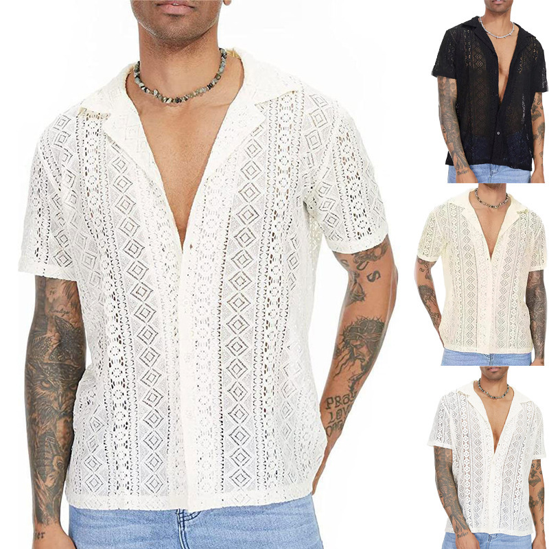 Summer New European and American Solid Color Lace Men's Short-Sleeve Hollow Mesh See-Through Fashion Sexy Shirt