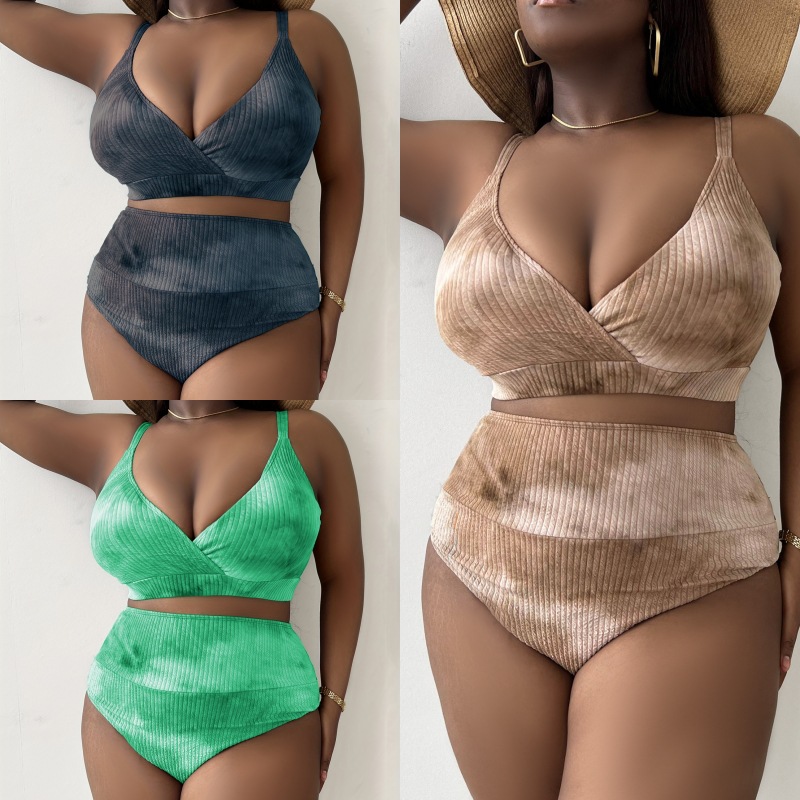 European and American Foreign Trade New chubby girl Tie-dye Sling Deep V Plus Size Sexy High Waist Bikini Swimsuit P008