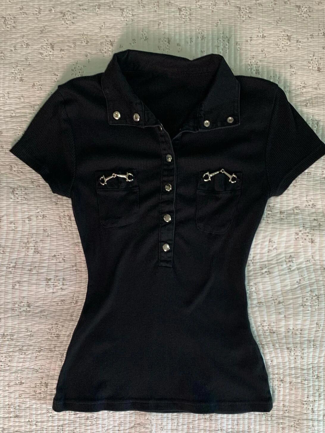 Baoye Girl Original Black Polo Collar Short Sleeve T-Shirt for Women Summer Vintage Style Waist-Slimming Top