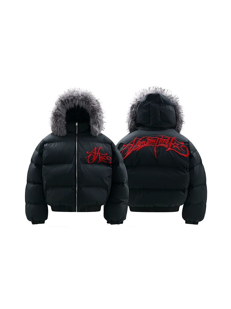 Uekk'No. 13 Mountain Carving' American-Style Detachable Fur Collar Cotton Jacket for Men, Thick Plush Coat, Trendy