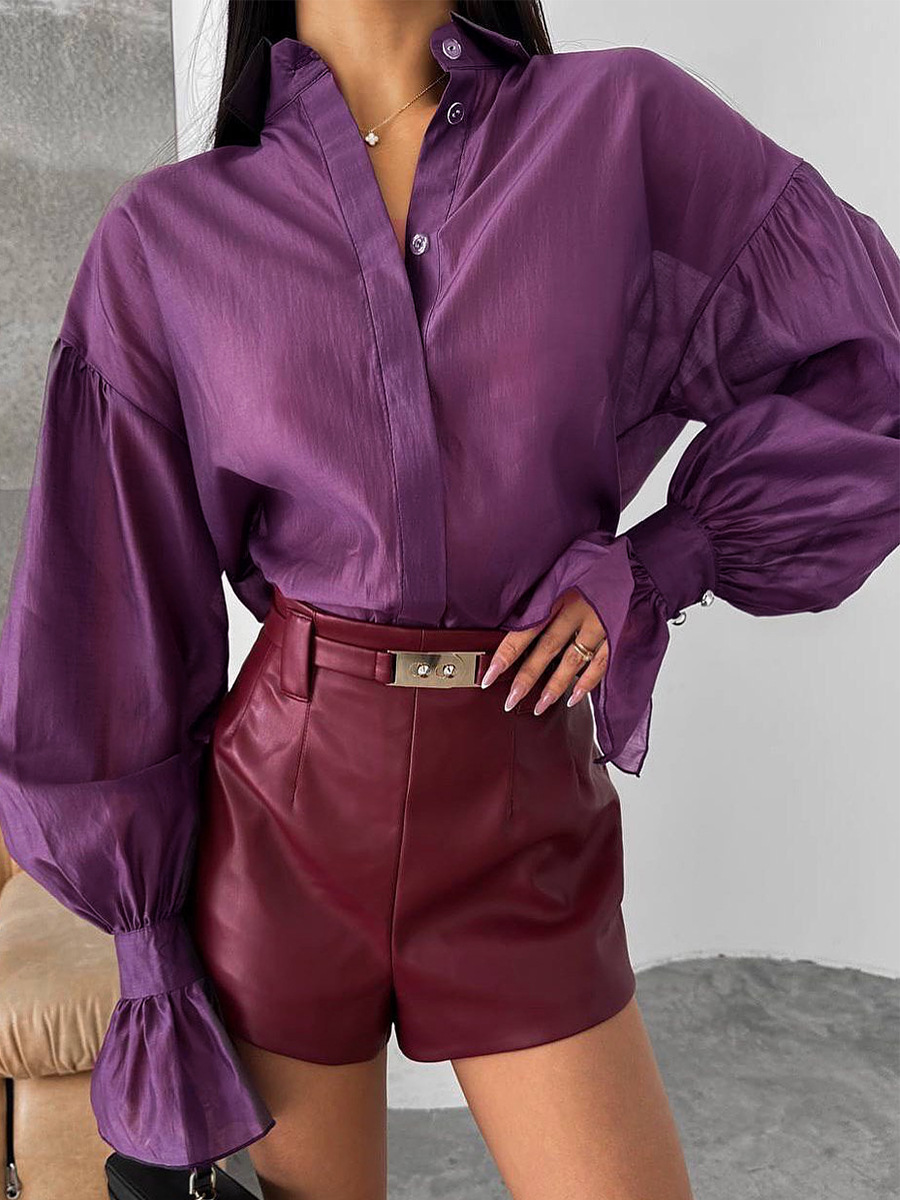 Fashionable Casual Style Women's Shirt 2026 Spring New Model, Fresh and Versatile, Solid Color, Lightweight, Long-Sleeve, Turn-Down Collar Top