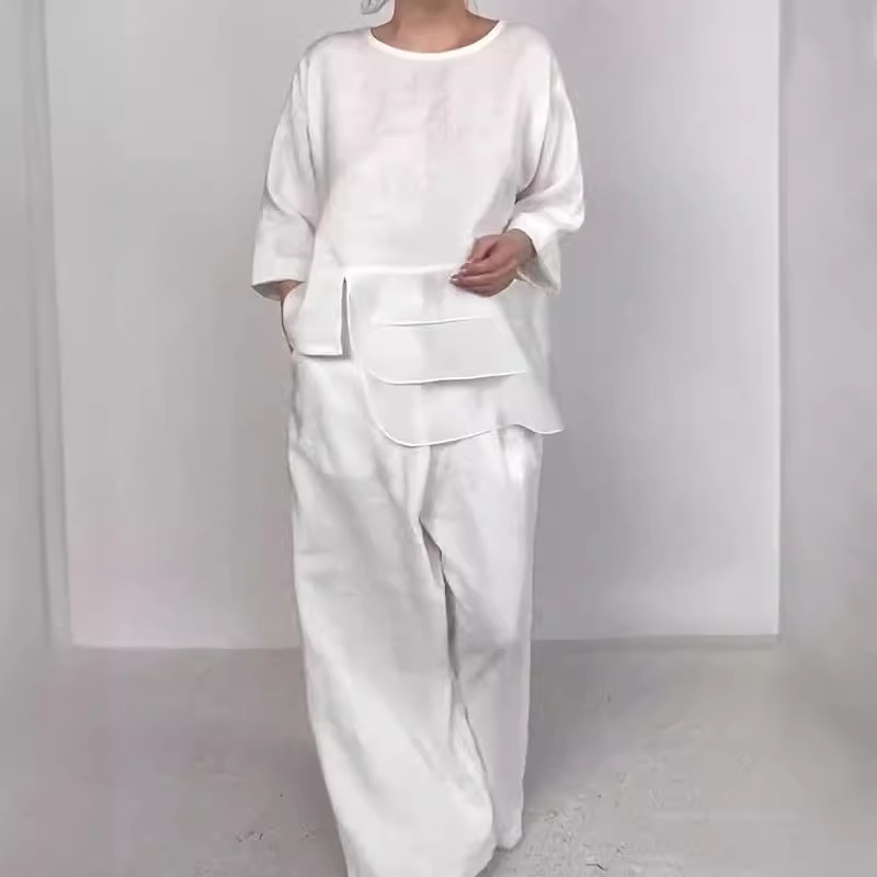 2026 Autumn New Amazon Independent Store Round Neck Satin Layered Design Top and Wide-Leg Pants Set