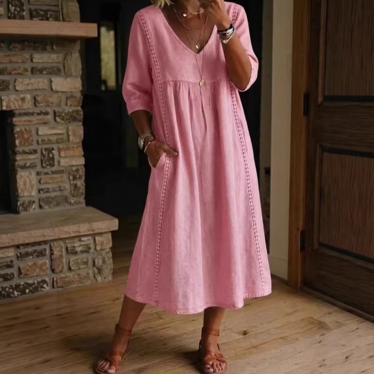 2026 New European and American Cross-Border Independent Site Casual Loose V-Neck Spliced Lace Trim Linen Cotton Dress Red