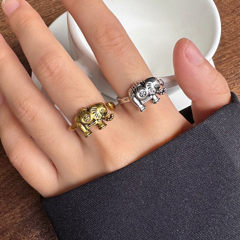 Lan Zhi Thai Silver Jewelry Women's 925 Silver Ring with Unique Elephant Design, Trendy Retro Niche Coin-Style Adjustable Vintage Gold Ring