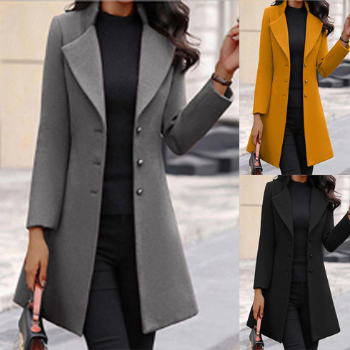 2023 Autumn/Winter Women's Slim Fit Mid-Length European and American Style Wool Coat with Pocket Design in Solid Color