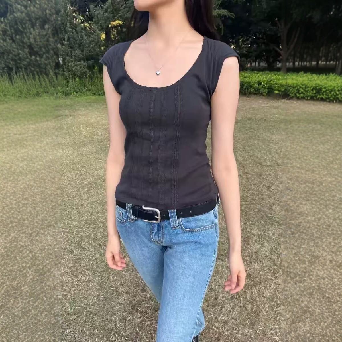 Bm Style New Black Lace Slim-Fit Round Neck Short-Sleeve T-Shirt for Women, Bm Spicy Girl Slim-Fit Slimming Base Layer Outerwear Top