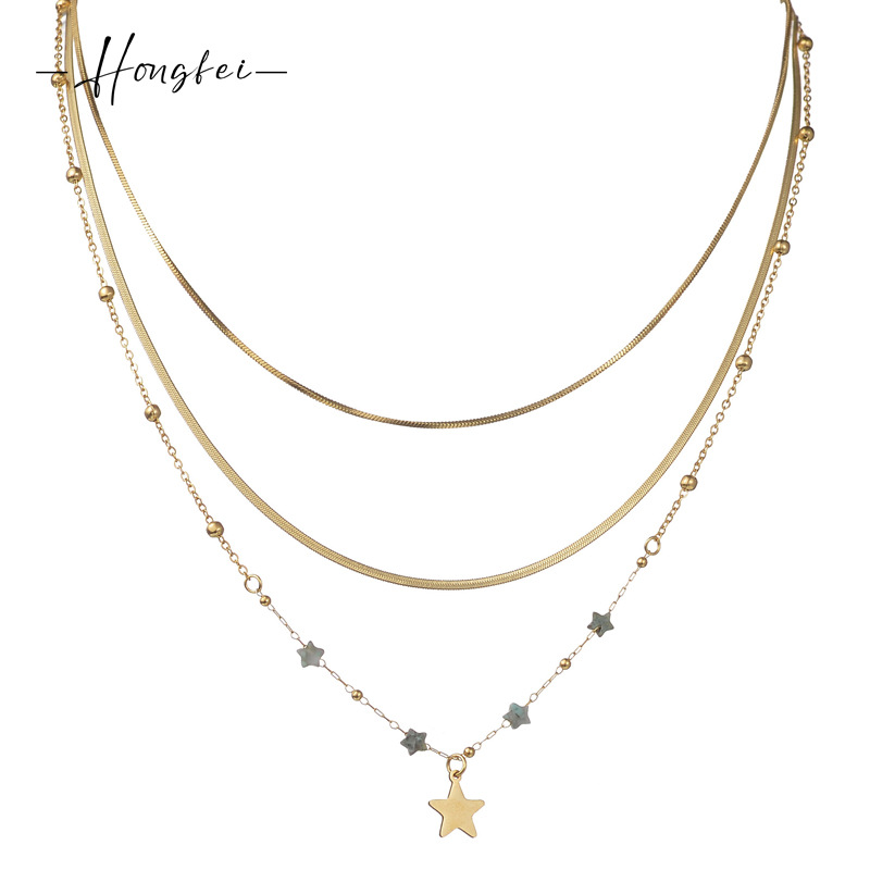French 14K gold cross-border multi-layered stainless steel necklace five-pointed star beaded fashion pendant clavicle chain