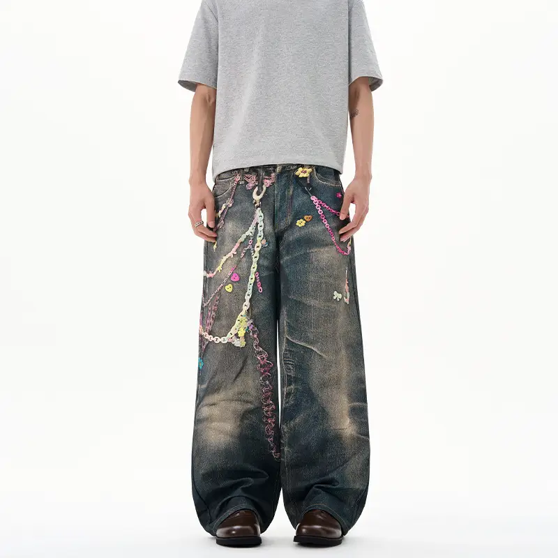 2025 American Retro 3D Digital Print Chain Jeans for Men and Women, Spring and Summer Design, Loose Wide-Leg Pants