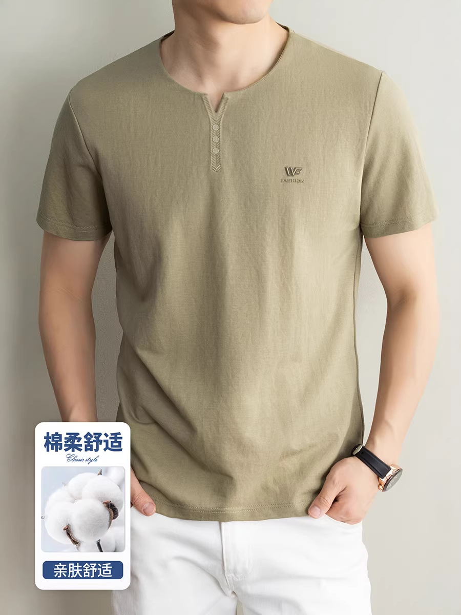 Cross-Border Foreign Trade High-End Men's Linen V-Neck T-Shirt, Casual Versatile Clothing for Middle-Aged and Elderly Men, Dad's Shirt, Men's T-Shirt