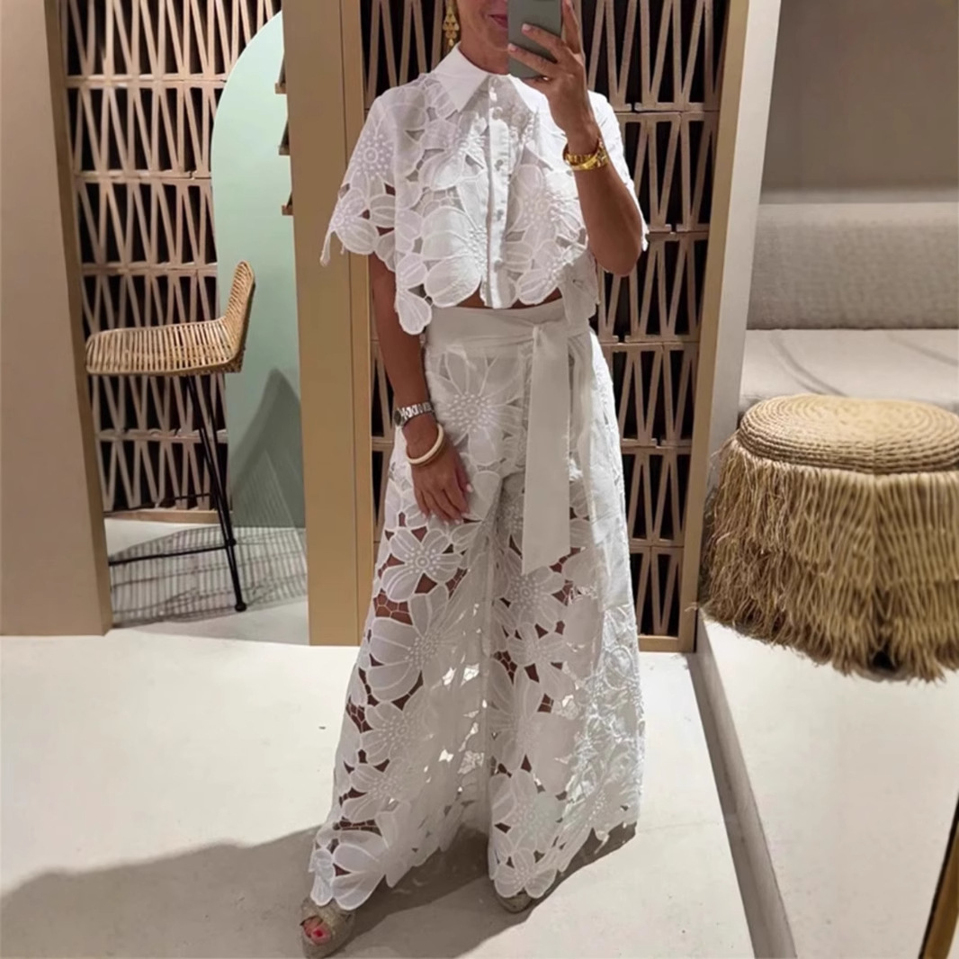 Amazon Cross-Border 2026 Summer New Solid Color Two-Piece Set Sexy Hollow-Out Cardigan Top and Wide-Leg Pants Set
