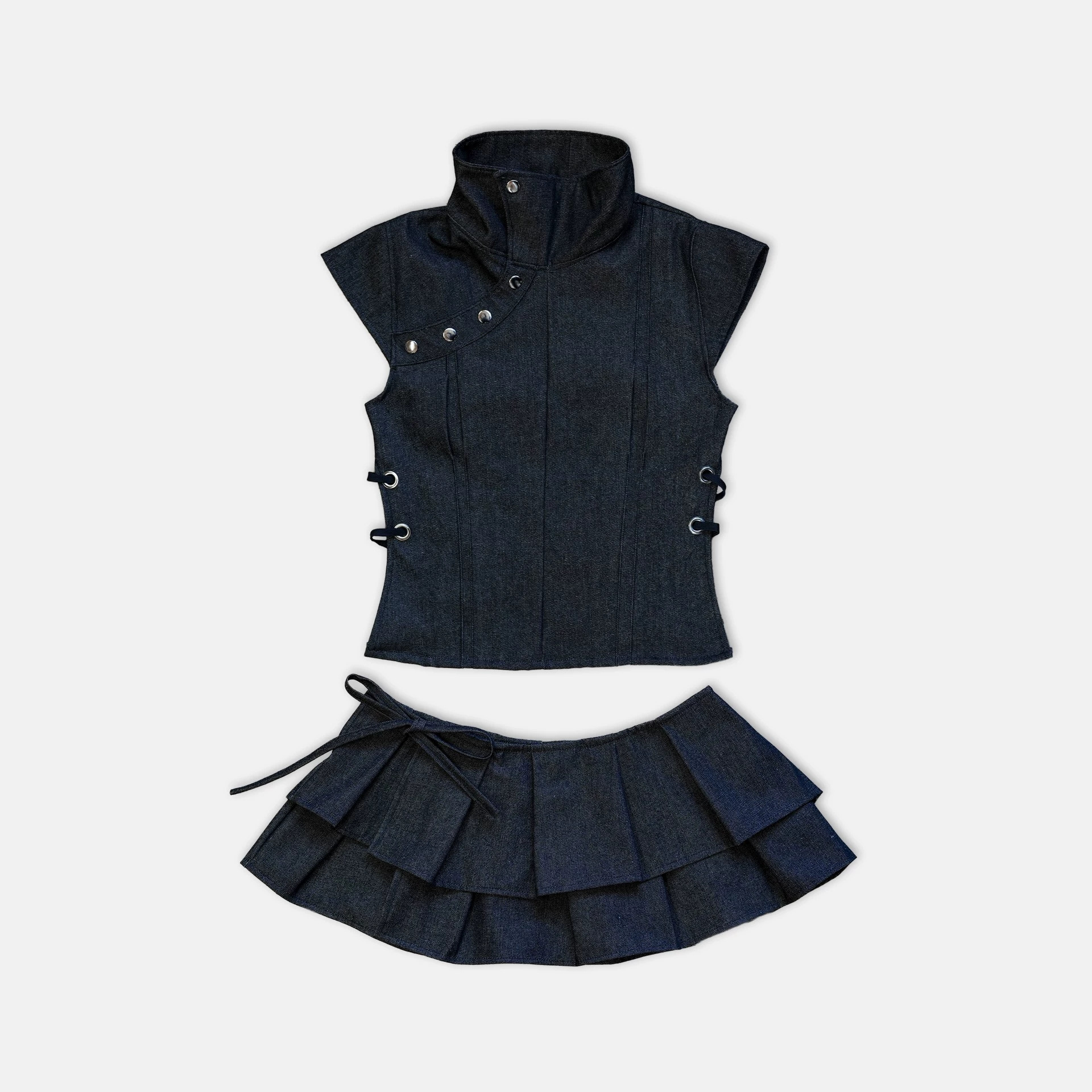 Cross-Border European and American Summer New Style Ins Stand Collar Harajuku Bow Tie Retro T-Shirt Pleated Skirt Set for Women Wholesale