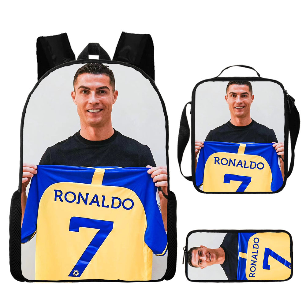 Soccer Star C Luo Backpack Printed Three-Piece Set Children's Schoolbag Primary and Secondary School Students Shoulder Bag Lunch Bag Pencil Bag