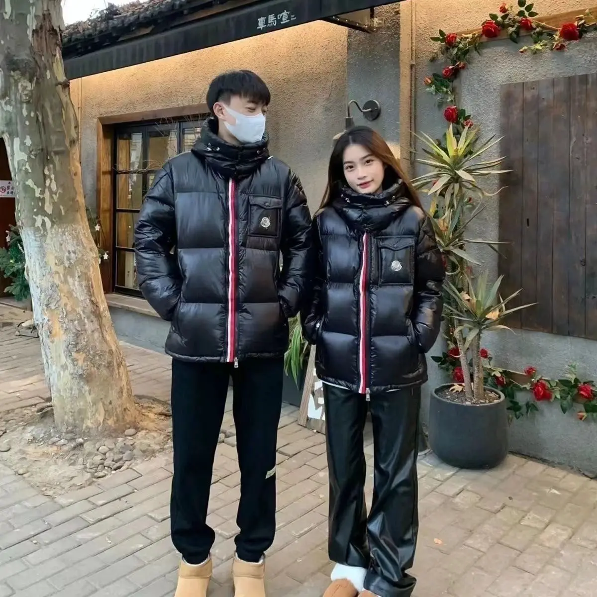 蒙家三色织带羽绒服男女款加厚保暖白鸭绒连帽外套轻奢显瘦情侣款