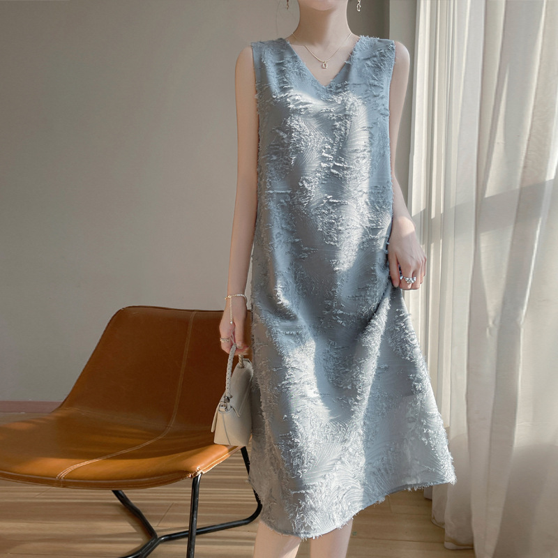 Silk Satin 2025 Summer New V-Neck Suspender Dress Women's Pure Color Elegant Work Clothing Sleeveless Pullover Mid-Length Skirt