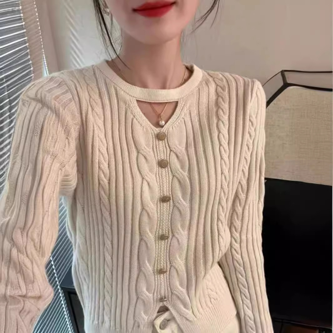 This year's popular beautiful hollow twist sweater long sleeve knitted bottoming shirt top women's 2024 autumn new