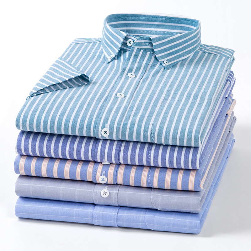 Summer New Cotton Oxford Short-sleeved Shirt Young Men's Striped Cotton Shirt Fashion Casual Business Wear
