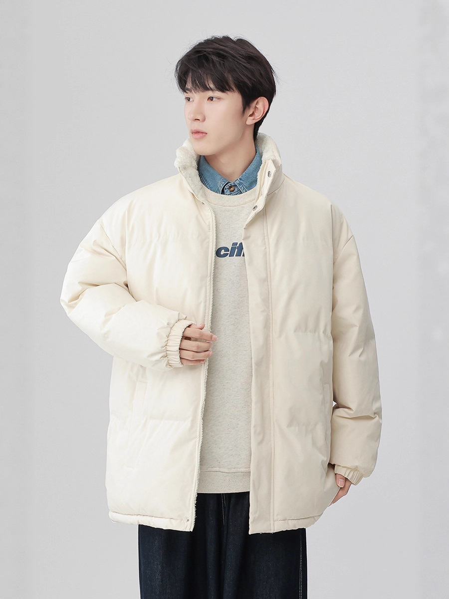 Stand Collar Cotton Coat for Men, Winter Fleece-Lined and Thickened, New Trendy Brand, Fashionable, Warm, Windproof, Lamb Wool Lining Cotton Jacket