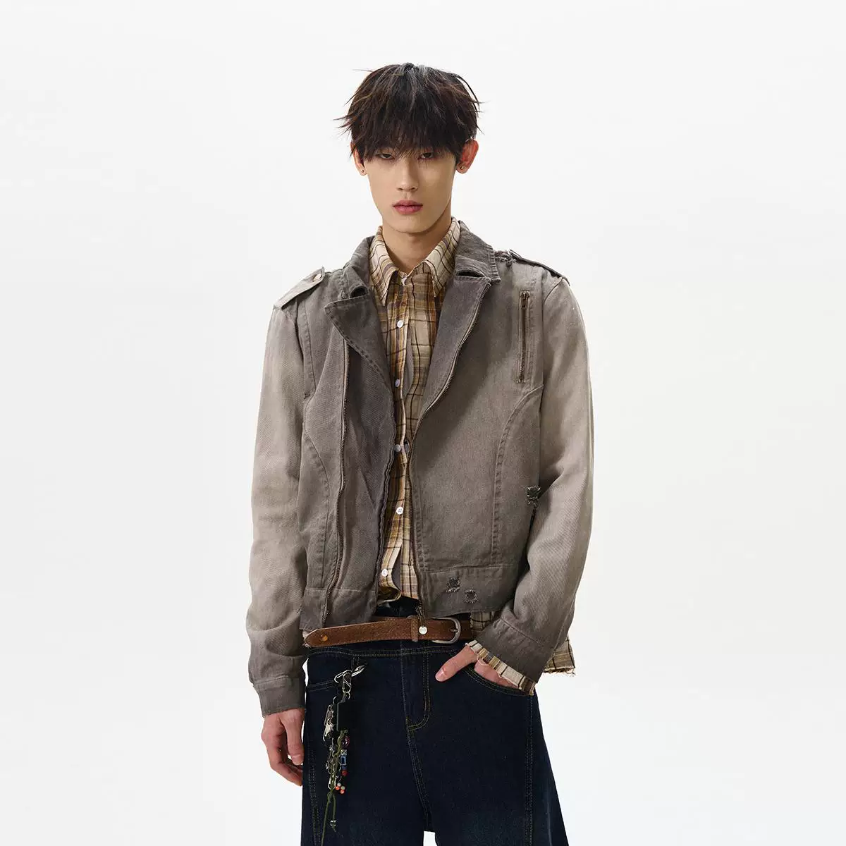 A PUEE American retro vintage washed distressed silhouette jacket boxy short Barn style workwear jacket