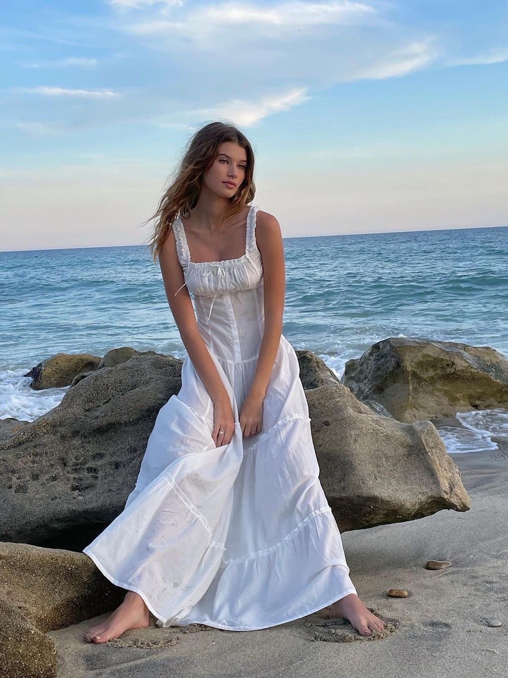 Summer New Style Lazy Holiday Style Pleated Edge Front Button Design Maxi Dress High-End Goddess Skirt Large Hem Skirt