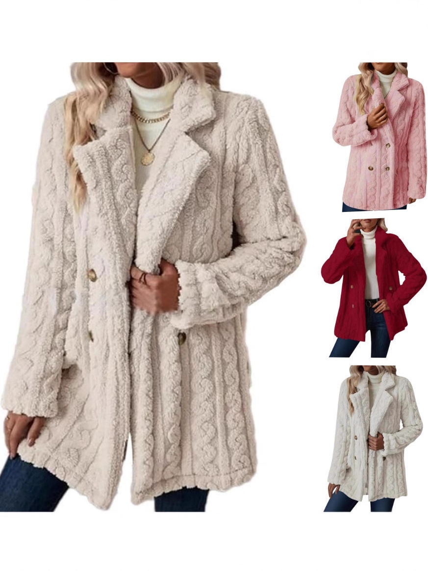 Amazon European and American Explosions Women's Plush Coat Comfortable Casual Warm-keeping Long Coat with Double-breasted Collar