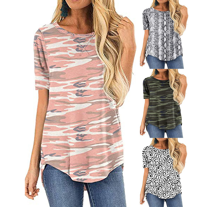 Cross-Border Women's Clothing 2026 Summer Amazon Hot-Selling Round-Neck Loose Printed Short-Sleeved T-Shirt with a Short Front and Long Back for Women