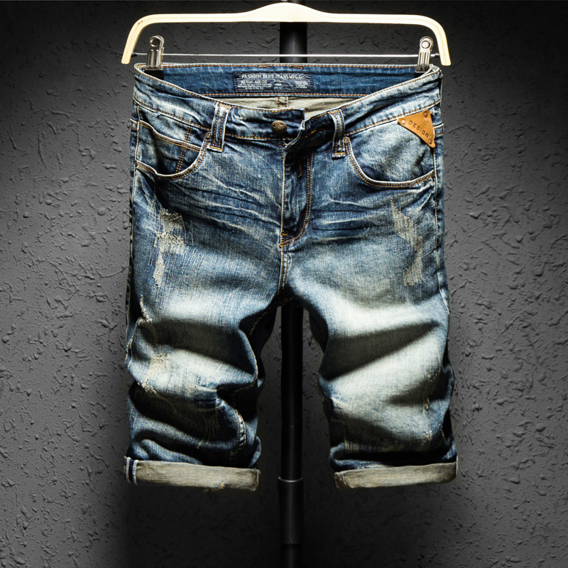 High Quality Spring and Summer New European and American Ripped Denim Pants Men's Retro Stretch Trendy Slim-Fit Shorts Men's Pants