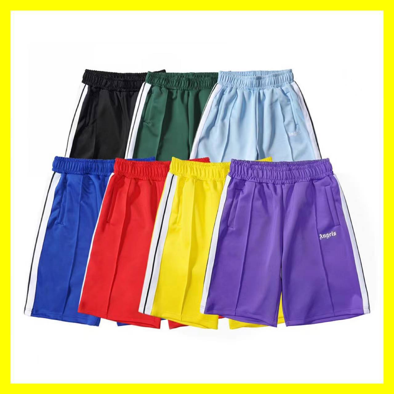 PA Angel Fashion Brand Striped Rainbow Ribbon Shorts Men and Women Couple Fog High Street Palm Tree Loose Pants QC-foto från 1688 på Qualit.ly