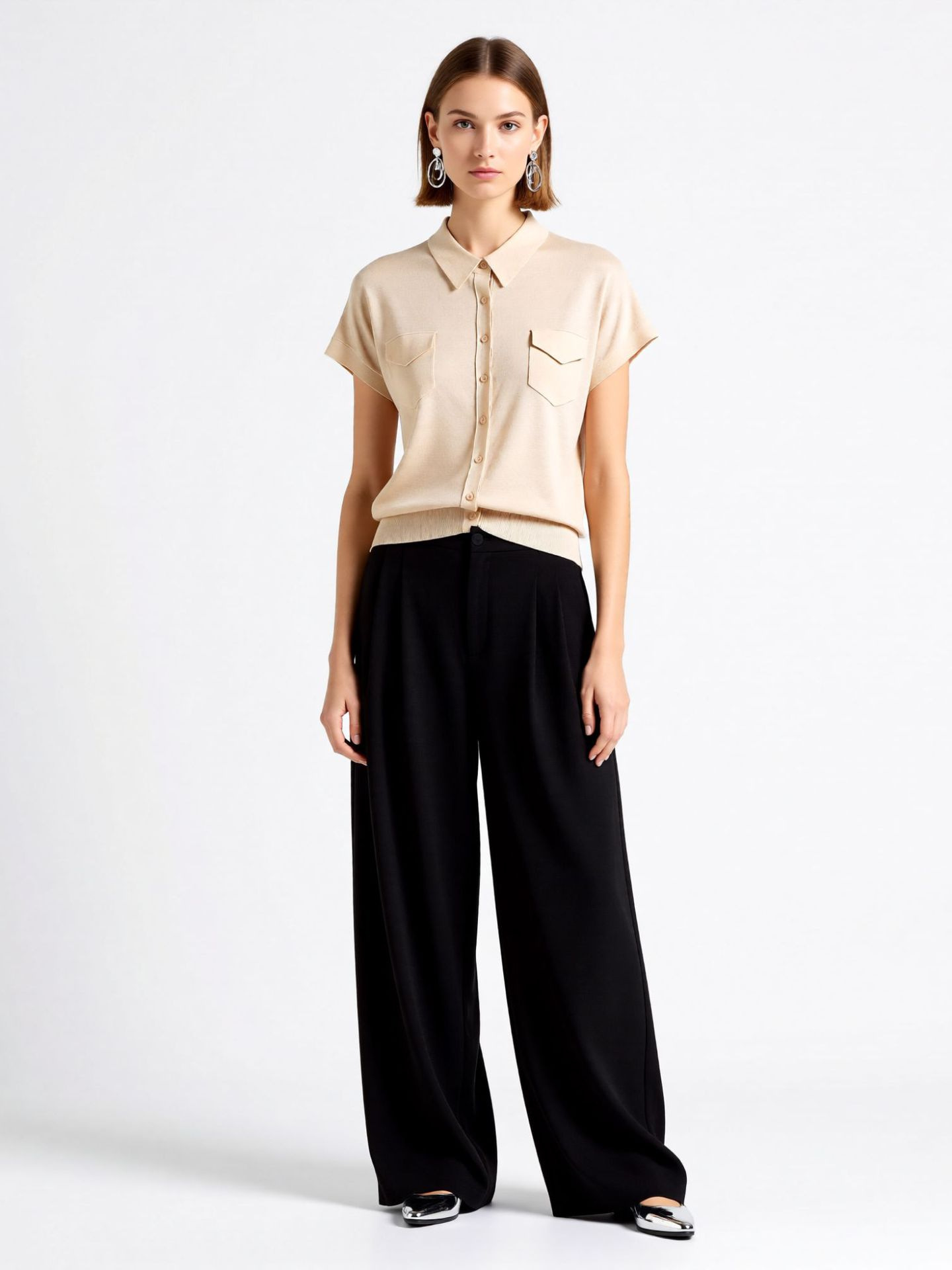 Fashionable Curly Bead Turn-Down Collar Mulberry Silk Knitted Short Sleeve Cardigan for Women 2026 Summer New European Style Simple Raglan Sleeve Shirt