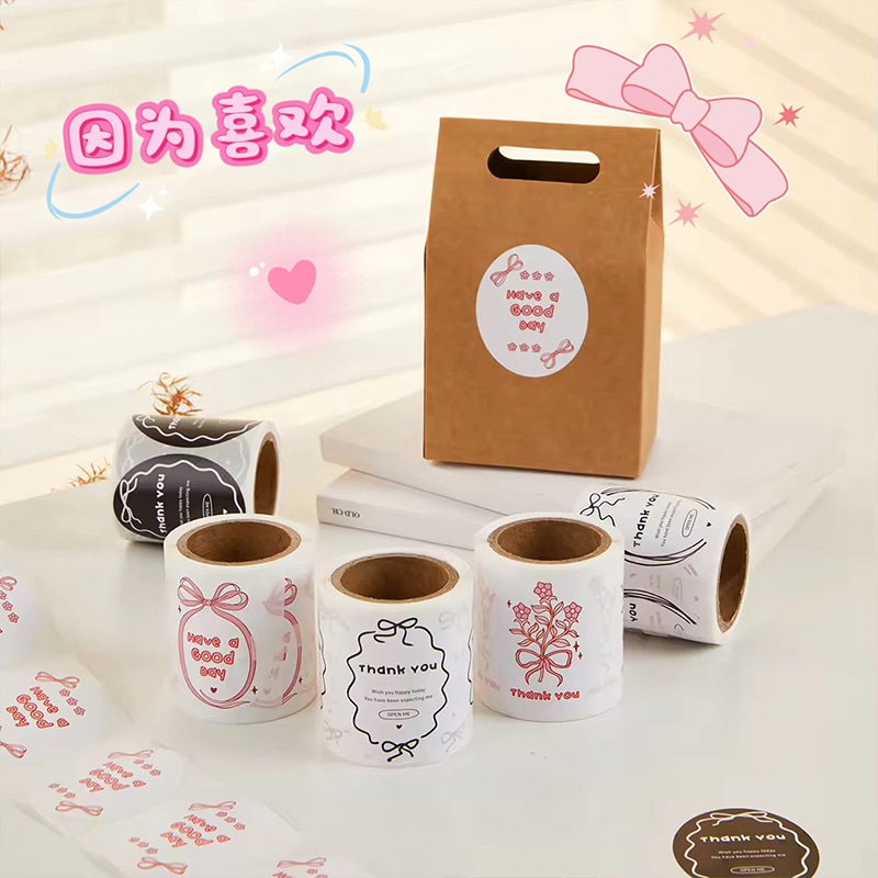 Oval thank you seal black and white decorative stickers pink bow gift box label paper
