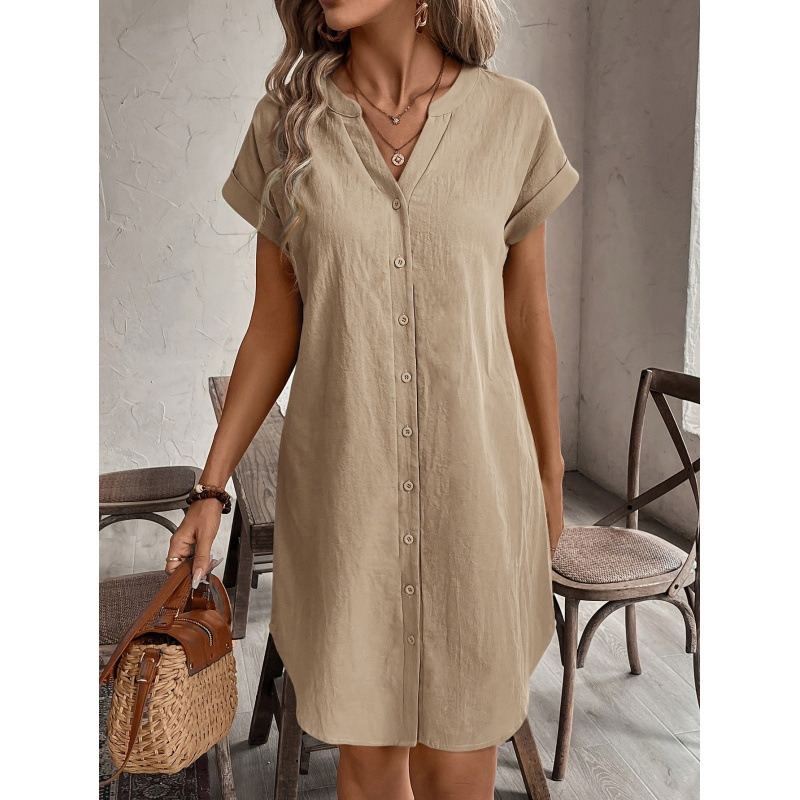 K 29965 Linen V-Neck Loose Dress Cotton and Linen V-Neck Loose Dress Cross-Border