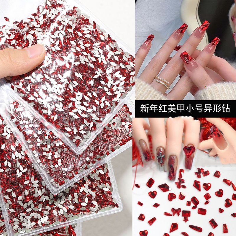 Nail Art Big Red Diamond Mini Small Red Special-Shaped Flats Bottom Diamond Round Diamond New Year Red Nail Diamond Super Flash Jewelry