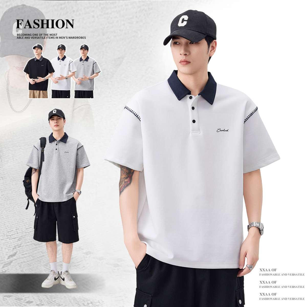 Men's Polo Shirt with a Turn-Down Collar, Loose and Comfortable, Versatile, Casual, Trendy, Fashionable Short-Sleeve Top in Hong Kong Style with Color-Blocking Design