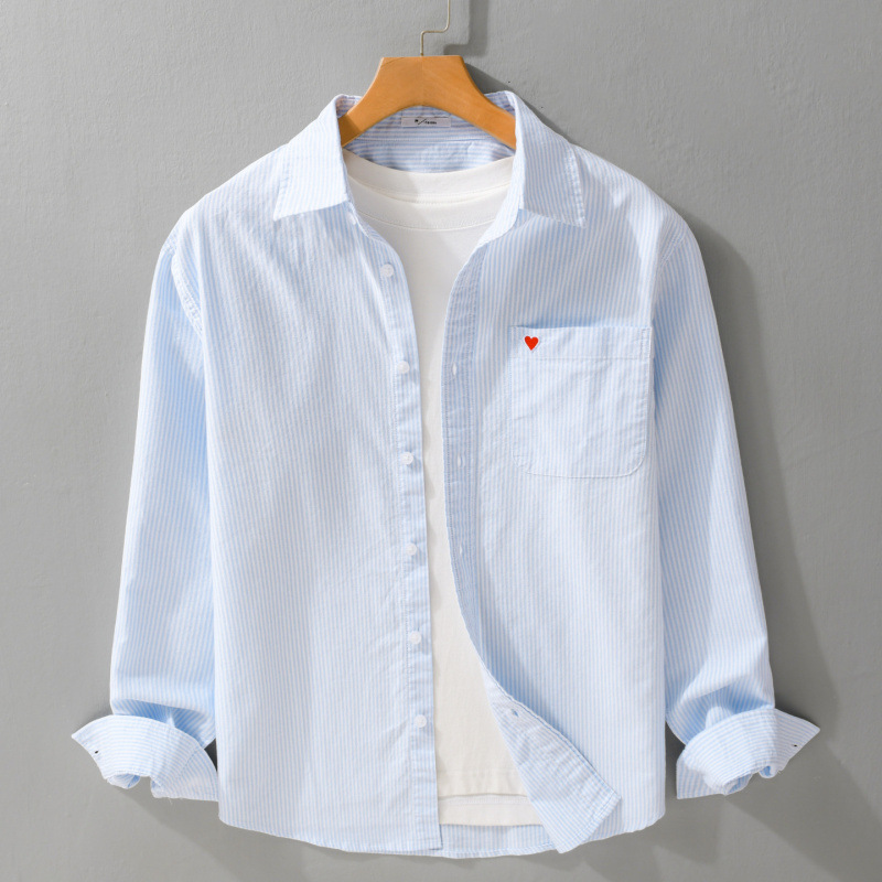 Four-Season Pure Cotton Oxford Striped Long-Sleeved Shirt Men's Casual Base Shirt Spring and Autumn Embroidered Loose Top 6225
