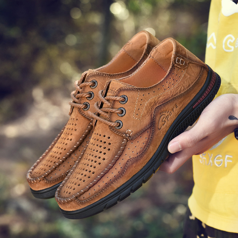 Leather Shoes Men's 2025 New Summer Breathable Hollow-out Leather Shoes Men's Leather Top Layer Cowhide Low-top Lace-up Casual Shoes