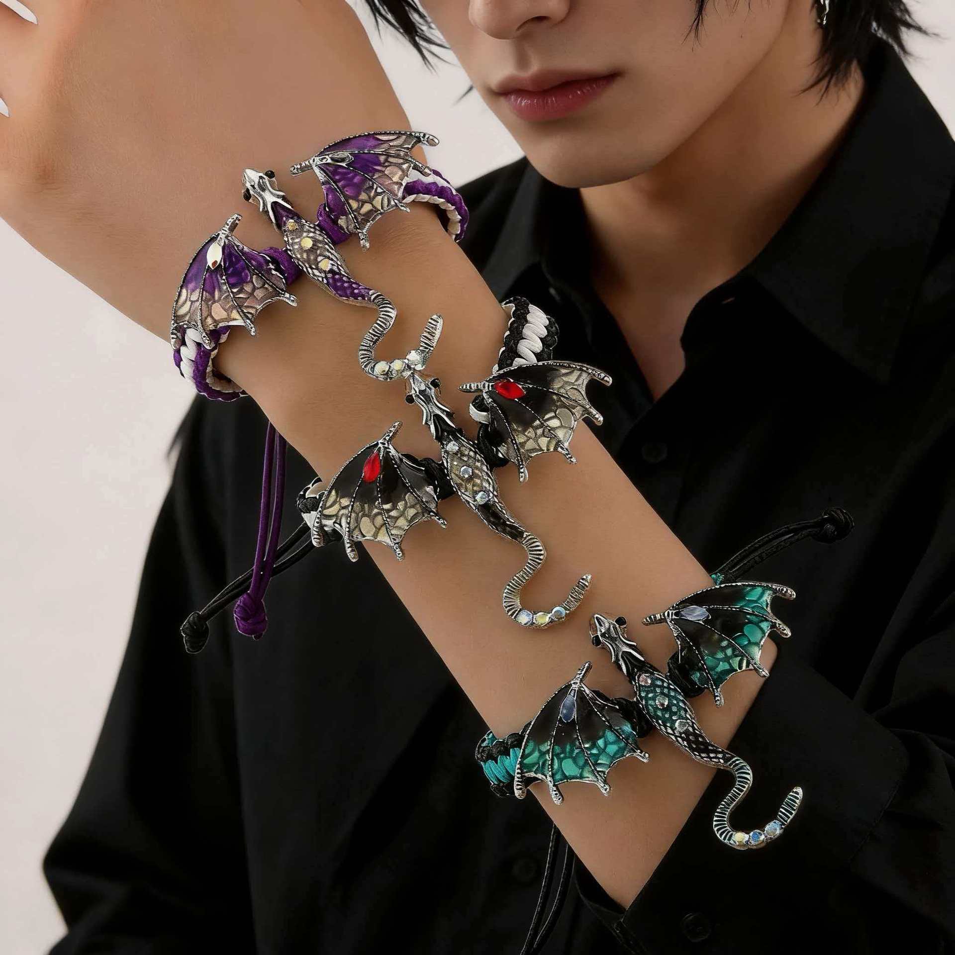 Vintage Niche Enamel Dragon Handmade Woven Bracelet European and American Cross-Border Diamond-Encrusted Dragon Bracelet Versatile Jewelry Personalized for Men
