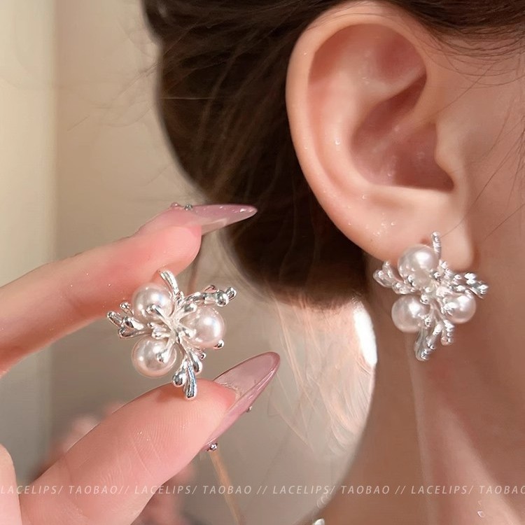 S925 Silver Needle silver Pearl Fireworks Earrings Gentle Temperament Elegant Personality Earrings Fashion Trend Exaggerated Earrings