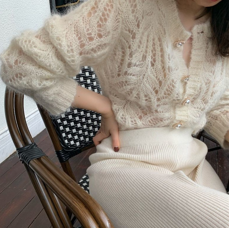 French-Style Mohair Early Autumn New Hollow-Out Thin Knit Cardigan 2026 New Sweater Women's Sun Protection Top