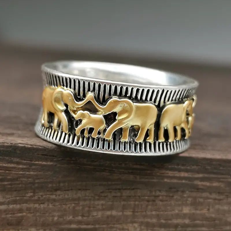 in stock European and American Retro Animal Elephant Ring Double Color Gold Plating Trendy Personalized Internet Celebrant Family Personalized Couple Ring
